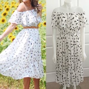 Floral Off The Shoulder Midi Dress - Romantic, Summer, Ruffles, Sundress